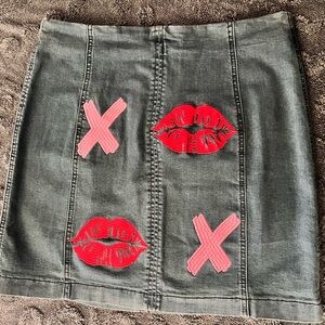 Washed Denim Skirt with Pink and Red Patch Details